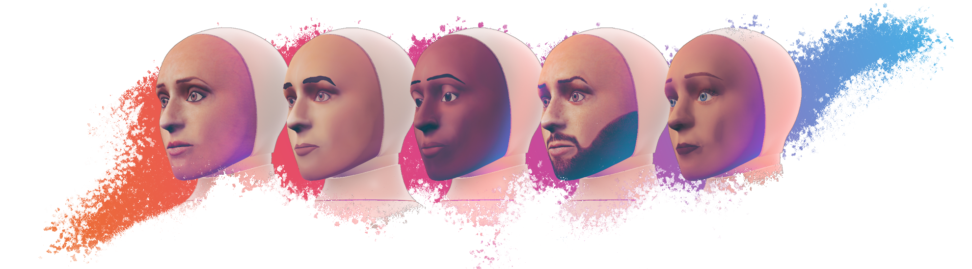 An artistically rendered image of a row of Furhat robot faces.