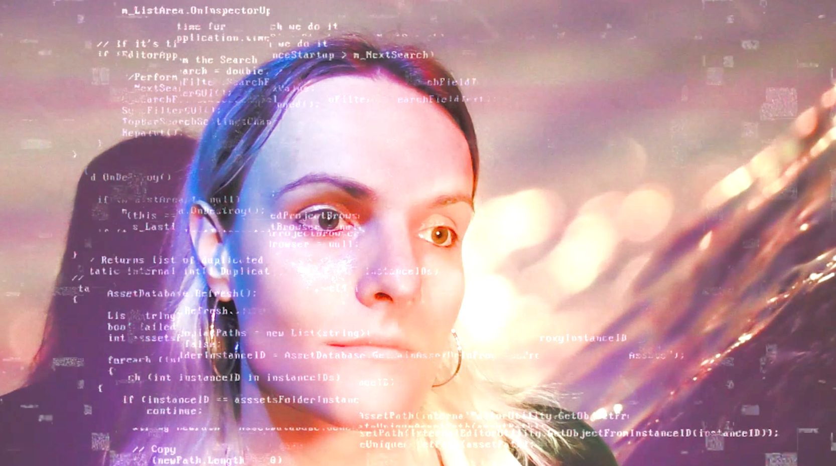 lux stares into the distance against against an otherworldy closeup of a rock wet with rain, her face contoured with unnatural blue and red light, a faint impression of code overlaid