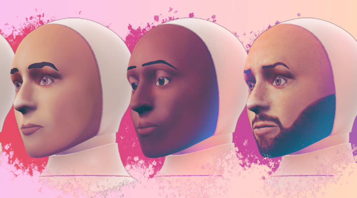 three human-like robot faces staring into the distance